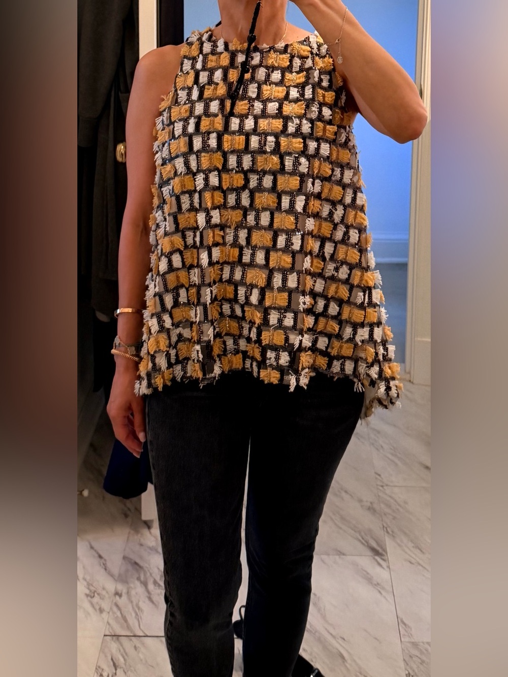 Yellow, White & Black Tweed Fringe Tank Top
